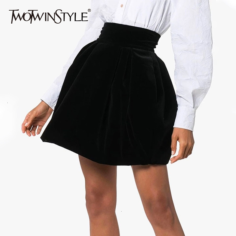 

TWOTWINSTYLE Velour Ruched Skirt For Female Casual High Waist Autumn Elegant A-Line Women's Skirts Fashion Clothing Tide Y200326, Black