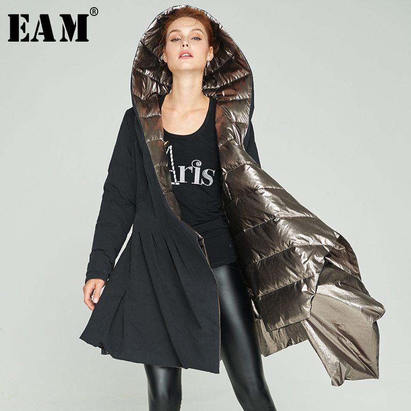 

[EAM] Loose Fit Down Irregular Hem Pocket Jacket New Hooded Long Sleeve Warm Women Parkas Fashion Tide Spring Autumn 1A362 201109, Beige
