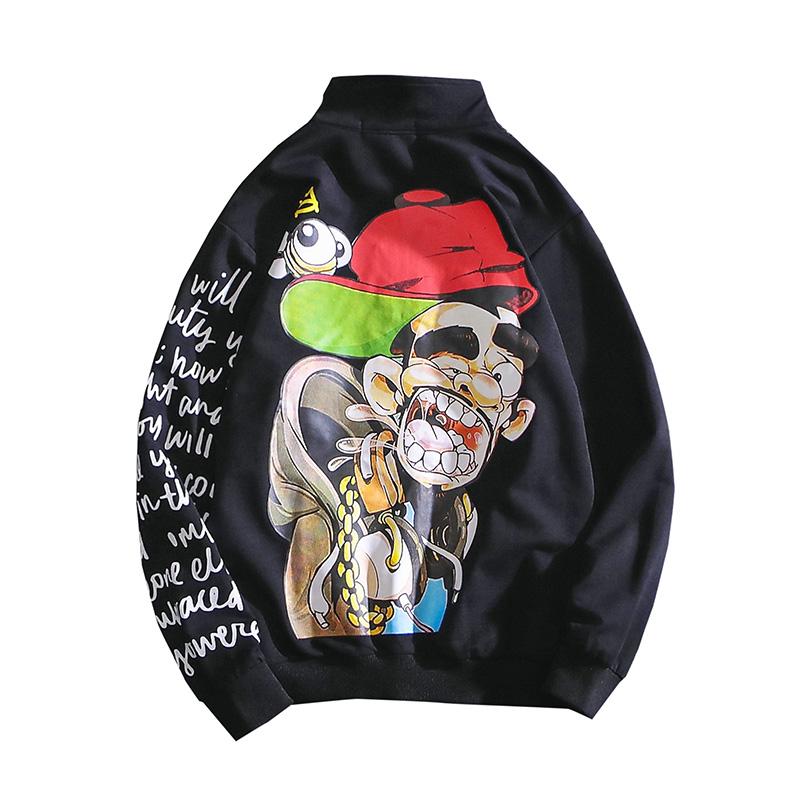 

Graphic Print Sweatshirt Cartoon Men 2020 Autumn Streetwear Black Long Sleeve Zipper Sweatshirts, Green