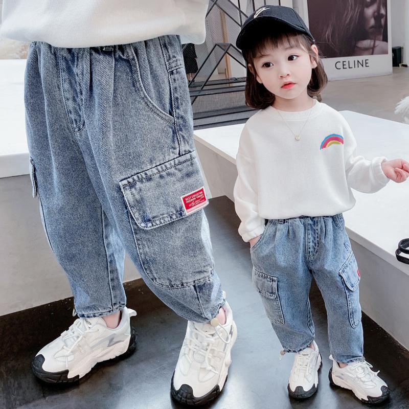 

Girls Denim Cargo Pants Solid Elastic Waist Casual Baby Kids Trousers Spring and Autumn Children's Clothes for Girl 0-7 Years, Blue