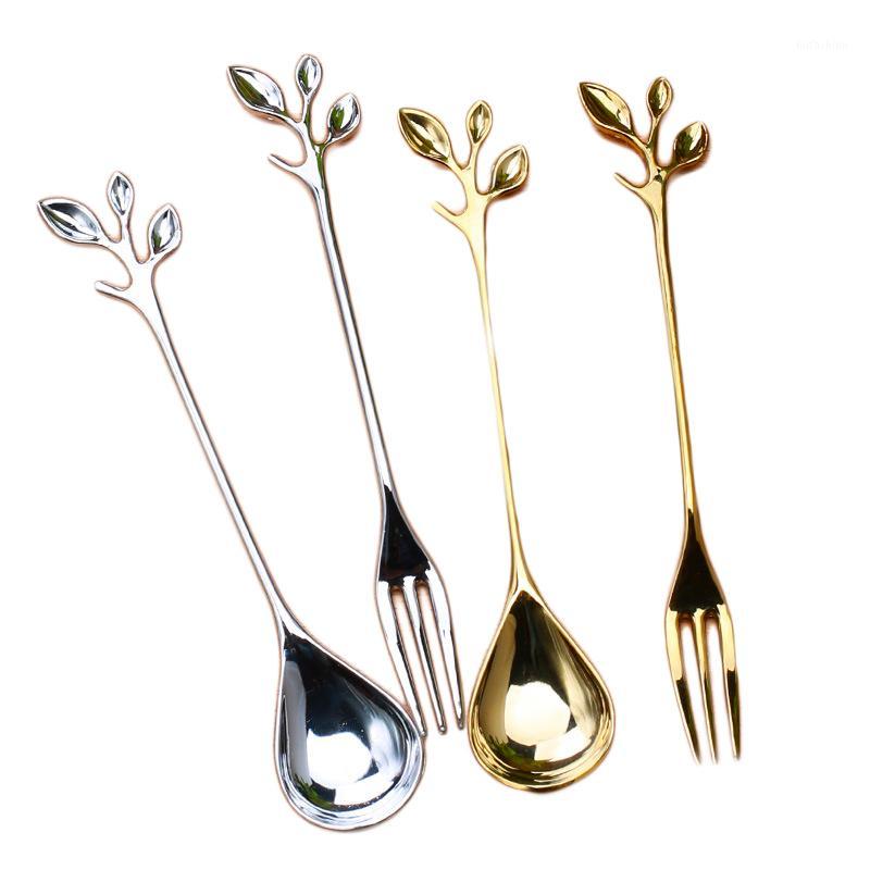 

Fruit Fork Spoon Gold And Silver Tableware Kitchenware Dessert Ice Cream Northern Europe Maple Tree Style Dinnerware 4pcs/Set1