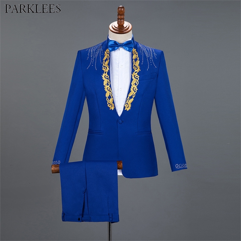 

Diamond Royal Blue Men Suit Set Gold Embroidered Wedding Mens Slim Fit Tuxedo Mens Suits with Pants Prom Show Stage Costume Male 201106, Blue and black