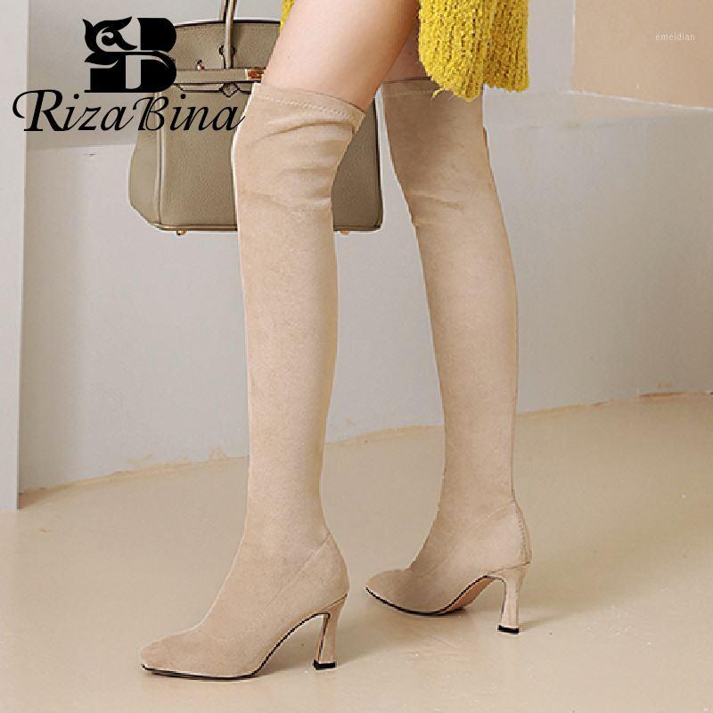 

RIZABINA Stretch Women Over Knee Boots Flock High Heel Square Toe Shoes Slip On Warm Boots Fashion Women Footwear Size 34-431, Ivory with fur