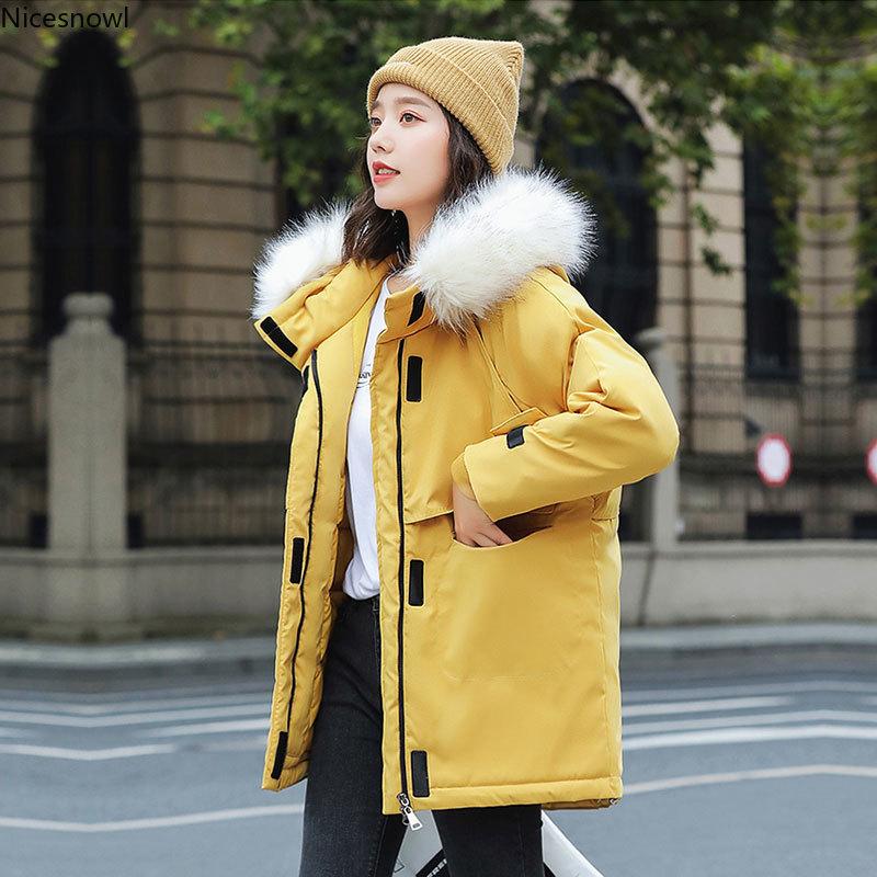 

New Fashion Warm Big Pocket Oversize Winter Jacket Women Solid Hooded Coat Down Parka Female With Fur Collar, Black