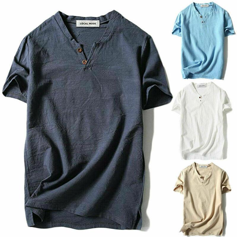 

Summer Men's Casual Baggy Short Sleeve Slim Muscle Cotton Line V-Neck Button-Front T-shirt Solid Color Tops1, Beige