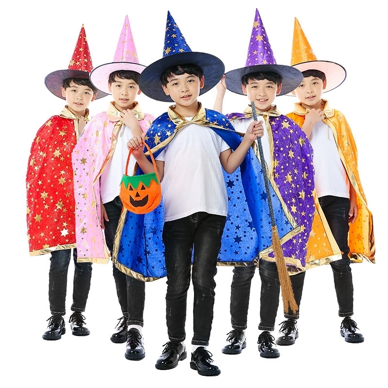 

2pcs/set Halloween Cape Cloak Hood+Witch Hats Children Performer Magician Wizard Hot Stamping Five Star Cloak Cape Poncho Hat Set