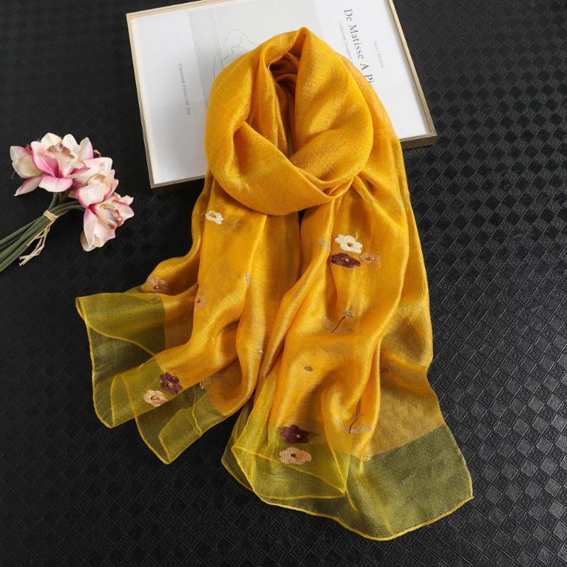 

Scarves 2021 Solid Silk Women Scarf Winter Warm Wool Shawls Lady Wraps Bufanda Floral Embroidery Foulard Bandana