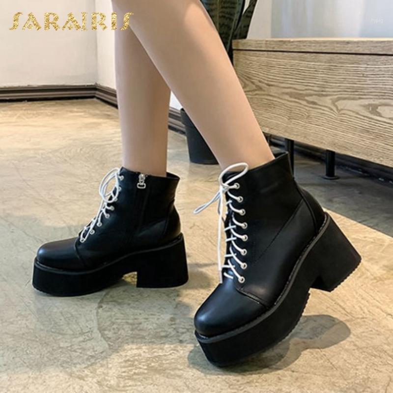 

Sarairis 2021 Fashion Genuine Leather Luxury Boots Women Shoes Chic Platform Skidproof cross-tied Work Ankle Booties Ladies1, Black