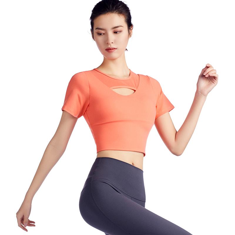 

Yoga Sports Shirt Hollow Out Gym Top Padded Fitness Solid Sportswear Breathable Net Yarn Splicing Female Running Wear, Black