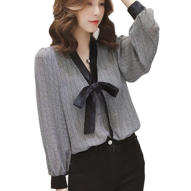 

Women Casual V Neck Bowknot Long Sleeve Chiffon Blouse Shirts Tops TC21, Black