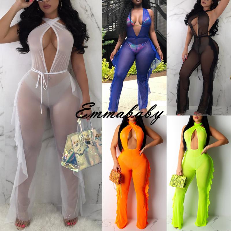 

2020 Sexy Women Beach Cover Up See Through Ruffle Pants Mesh Sheer Long Suspender Bikini Cover Up Bottoms Swimsuit Swimwear, Orange
