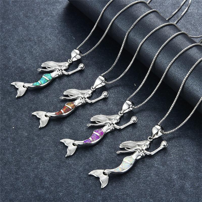 

Boho Female Big Mermaid Pendants Necklaces White Blue Green Fire Opal Necklace Vintage Silver Chain Wedding Necklaces For Women1