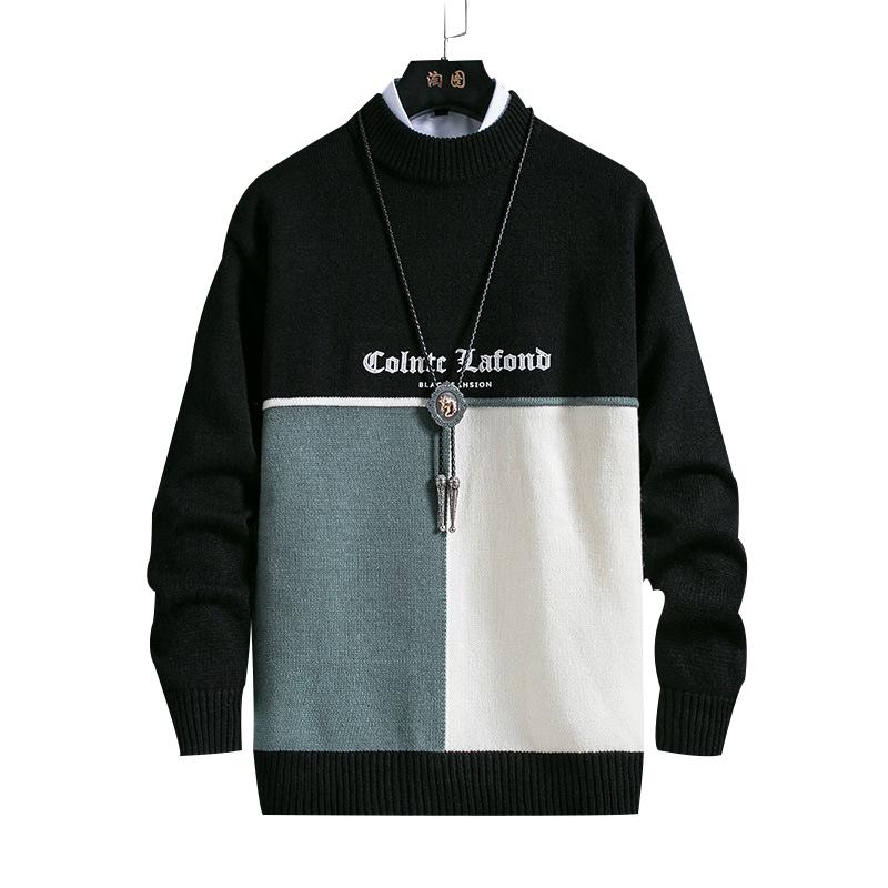 

Men's Turtleneck Half Pullover Warm Autumn Winter Patchwork Spacious Long Sleeve Casual Clothes Knitted Male Sweater Pull Homme, Black