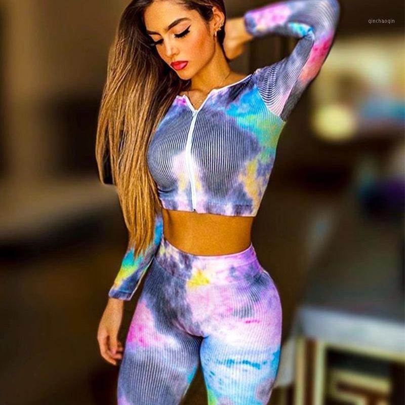 

2020 Tie Dye Print Long Sleeve 2 Piece Set Women Zipper Crop Top Hip Lift Leggings Yoga Set Ropa Deportiva Mujer Gym Active Wear1, Blue