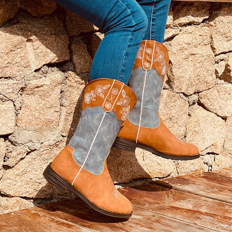 

Floral Embroidery Shoes Botas Mujer Women Boots Cowboy Ankle Boots Wedge Low Heel Western Cowgirl 2020 Fashion Shoes1, Brown blue