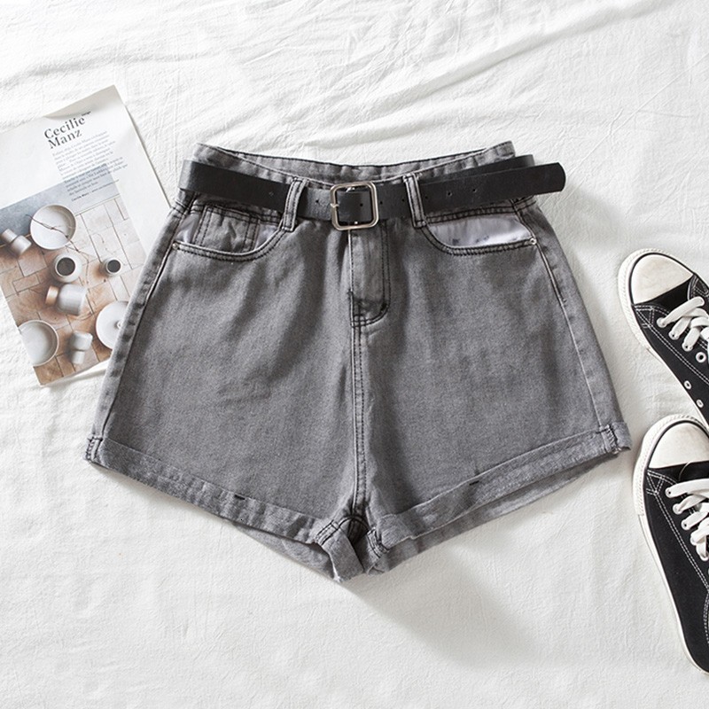 

2021 New Woman Will See High Waist Blue Streetwear Denim Women's Solid Shorts Broad Leg Jeans with a Belt S1FX, Blue with a belt