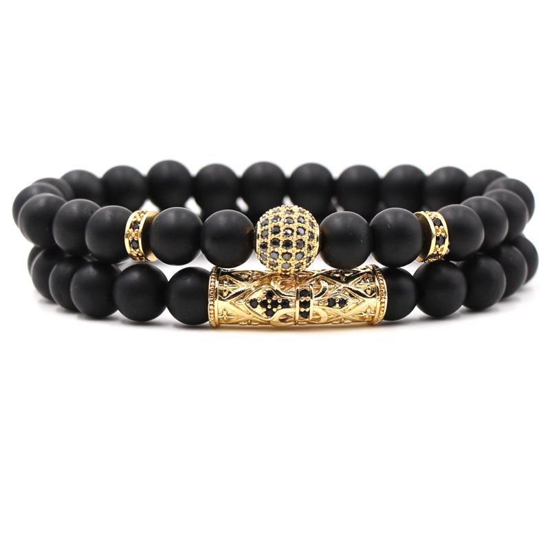 

2 Pcs/set Charm Matte Black 8mm natural stone bead Bracelets Pave CZ Metal ball Bracelet for Men&Women Classic Jewelry Gift 2020