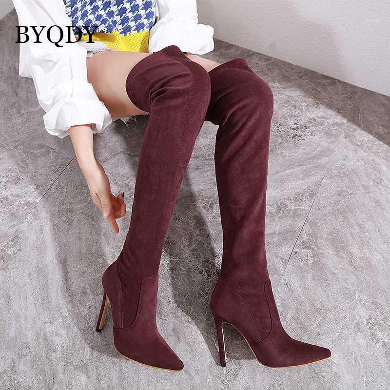 

BYQDY Woman Autumn Over the Knee Boots Stretchy Suede Back Zipper Thigh High Boots Winter Stiletto Heels Long Size 35-401, Black