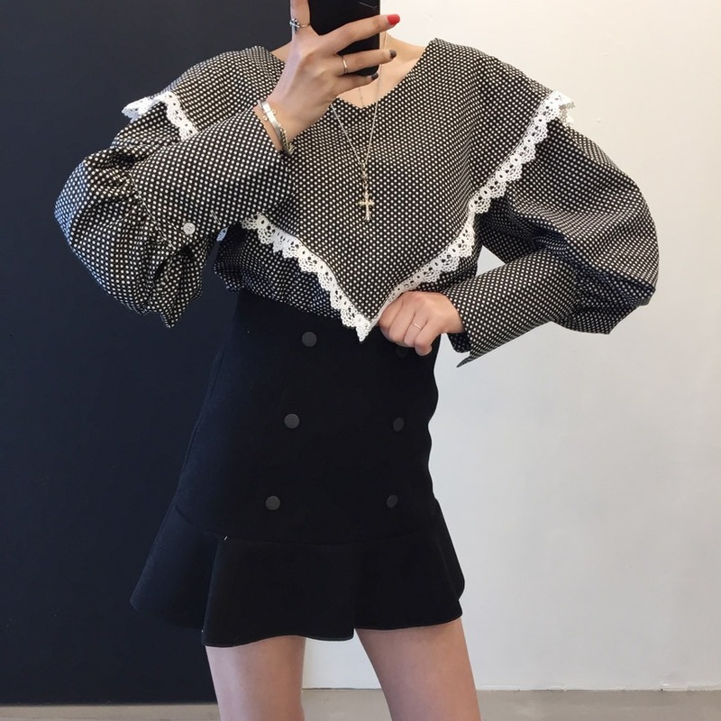

2021 New Female Fashions Oversized Shirts v Lace Neckline Sharpened Puff Sleeves Standard Point Blouse Spring 6AAD, Black