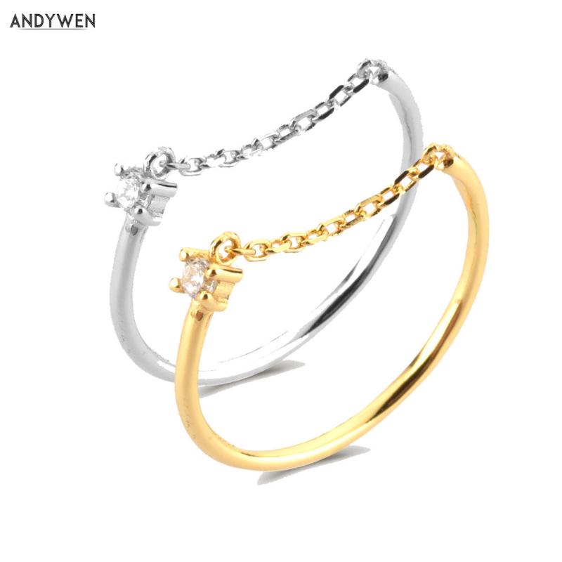 

Cluster Rings ANDYWEN 925 Sterling Silver Gold Chain Nia Tiny Slim Women Rock Punk Wedding Luxury Party Jewelry Gift Round, Golden;silver