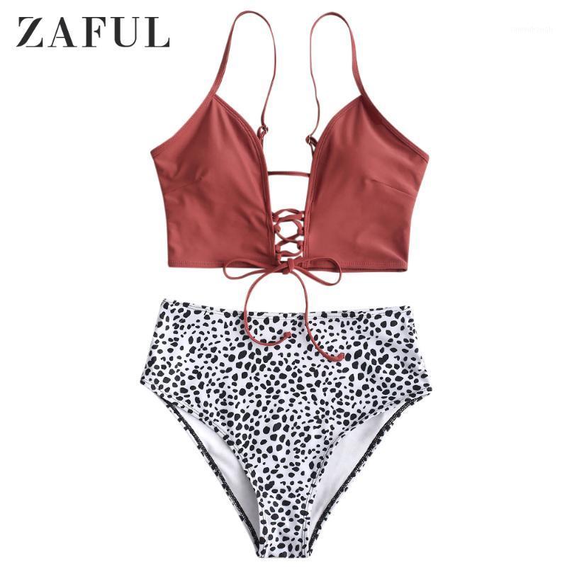 

ZAFUL Dalmatian Dot Lace-Up High Waisted Tankini For Women Swimsuit Mix And Match Spaghetti Straps Elastic Lace Up Tankini Set1