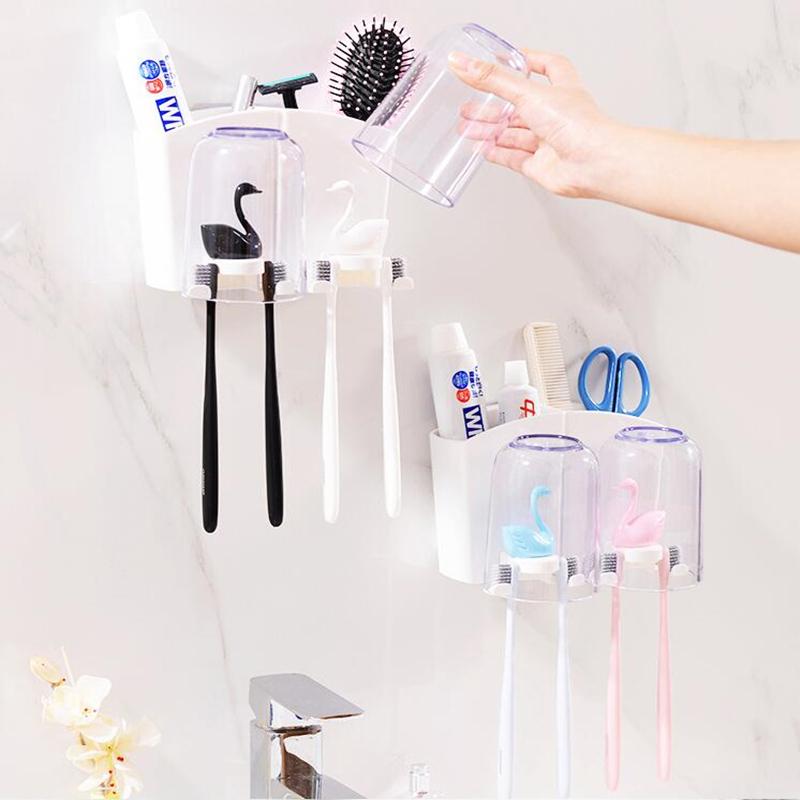 

1 Set Creative swan toothbrush holder with tooth cup bathroom set storage rack wall mount sucker Bathroom Accessories