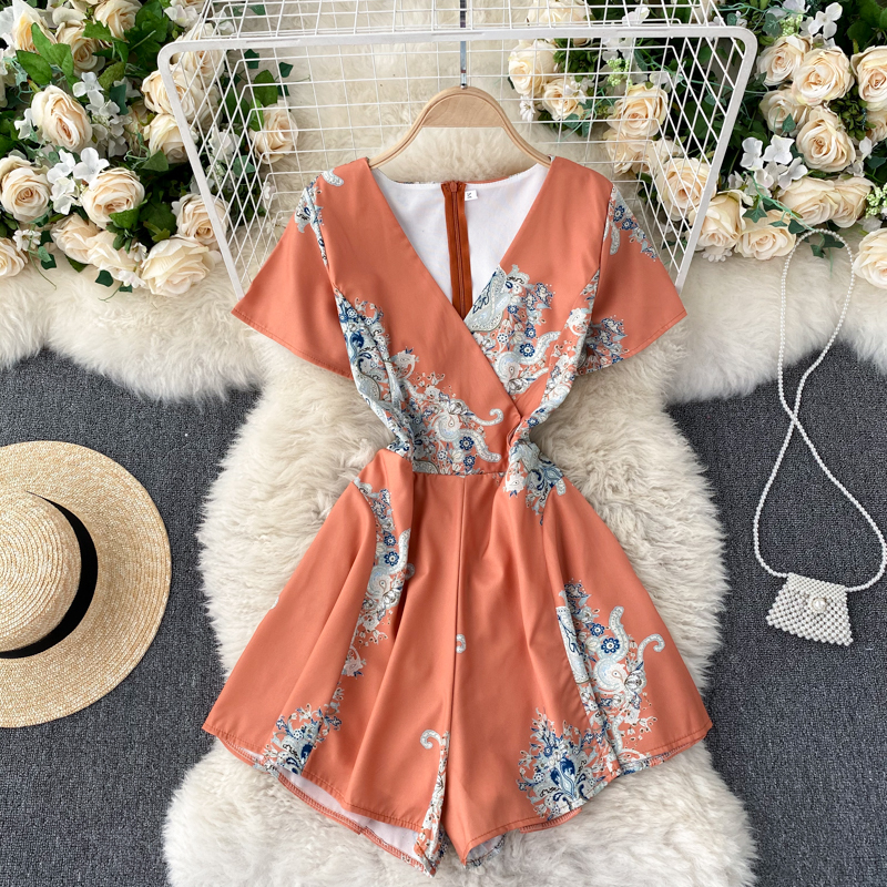 

2021 New Singiny feminine retro printing fashion overalls summer vacation long short beach D37J, White