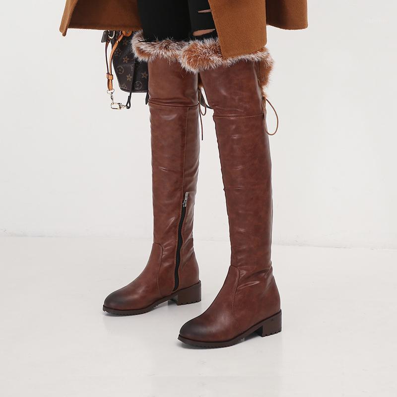 

AIWEIYi Women's Black Over the Knee Boots Ladies Thigh High Boots Round Toe Fur Warm Winter Shoes Keep Warm Long Botas1