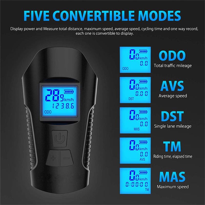 

USB Rechargeable LED Bicycle Headlight Bike Horn LCD Display Speedometer
