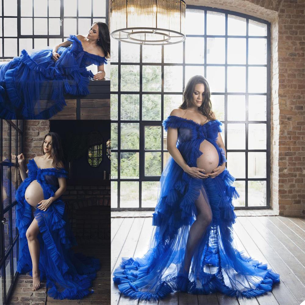 2021 Royal Blue Maternity Sleepwear Off Shoulder Ruffles Front Split Nightgowns for Photoshoot Nightwear Undergarments Babydoll