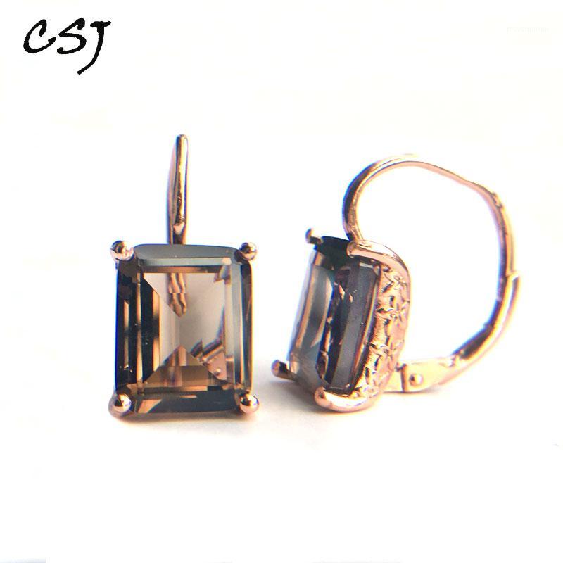 

CSJ Smoky quartz gemstone Earring Sterling 925 Silver octagon 9*11mm 8Ct Fine Jewelry For Women Lady or mother Party Gift Box1