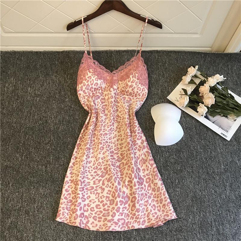 

Summer Nightdress Sexy Lace Nightwear Sing Satin Print Homewear Pink Sleepwear Women Thin Nightgowns With Chest Padds
