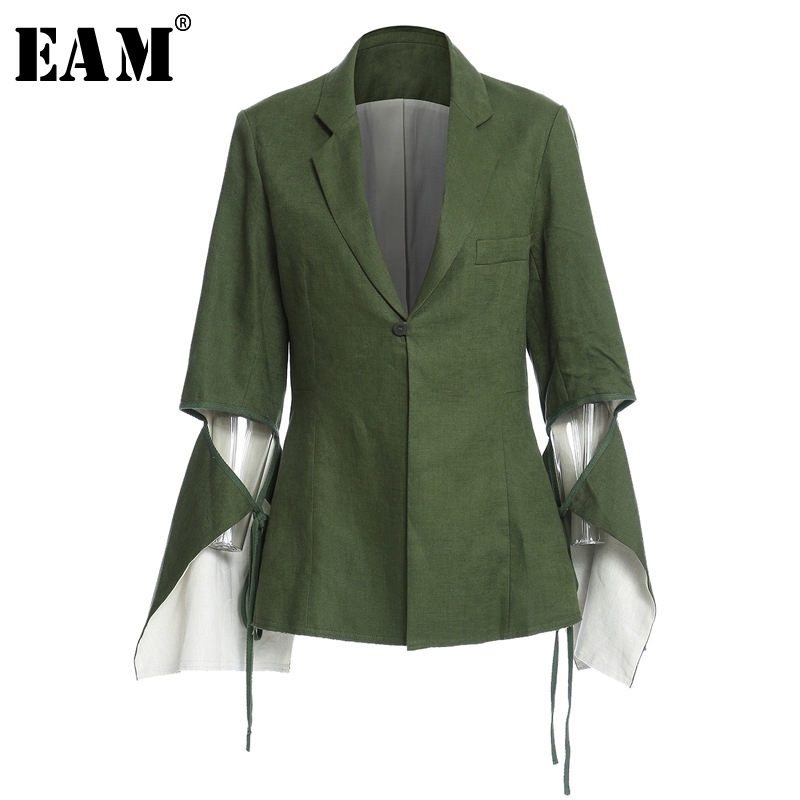 

[EAM] Women Green Bandage Irregular Big Size Blazer New Lapel Long Sleeve Loose Fit Jacket Fashion Spring Autumn 1Z177 201114