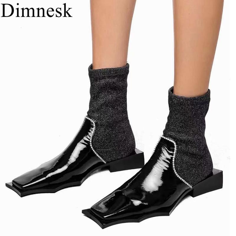 

Women Chunky Low Heel Stretch Sock Boots Female Square Toe Patent Leather Crystal Decor Patchwork Ankle Botas Runway Short Boots, Black