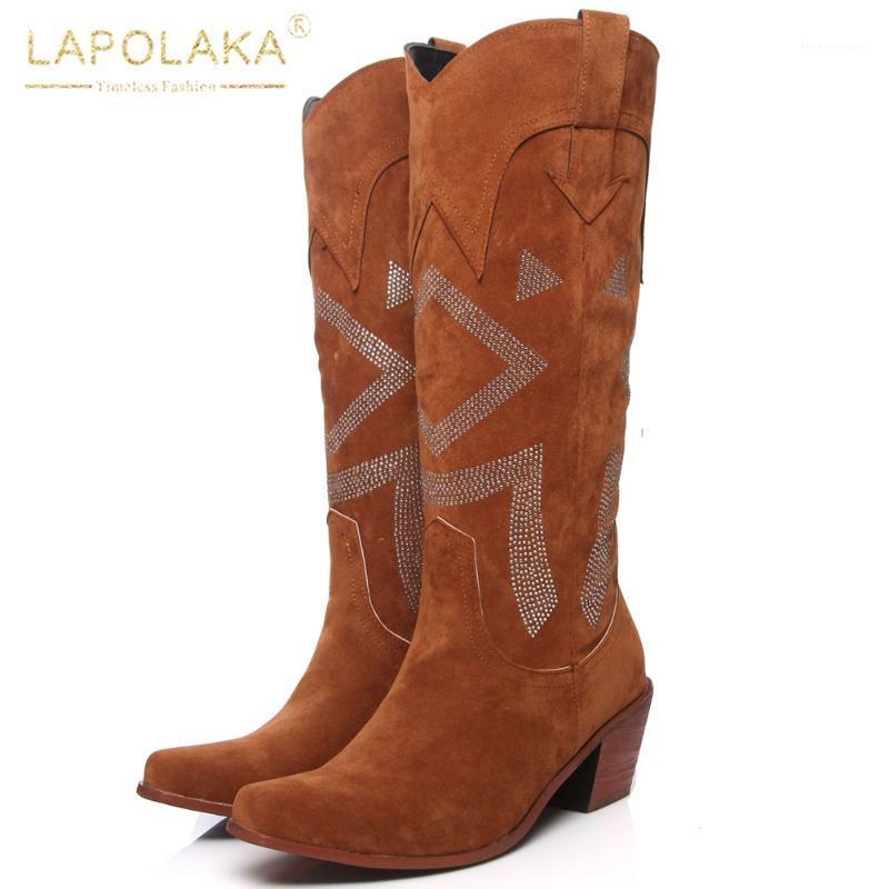 

Lapolaka Hot Sale 2020 Plus Size 46 Crystal INS Hot Shoes Woman Boots Female Slip On High Heels Flock Autumn Mid Calf Boots1, Black