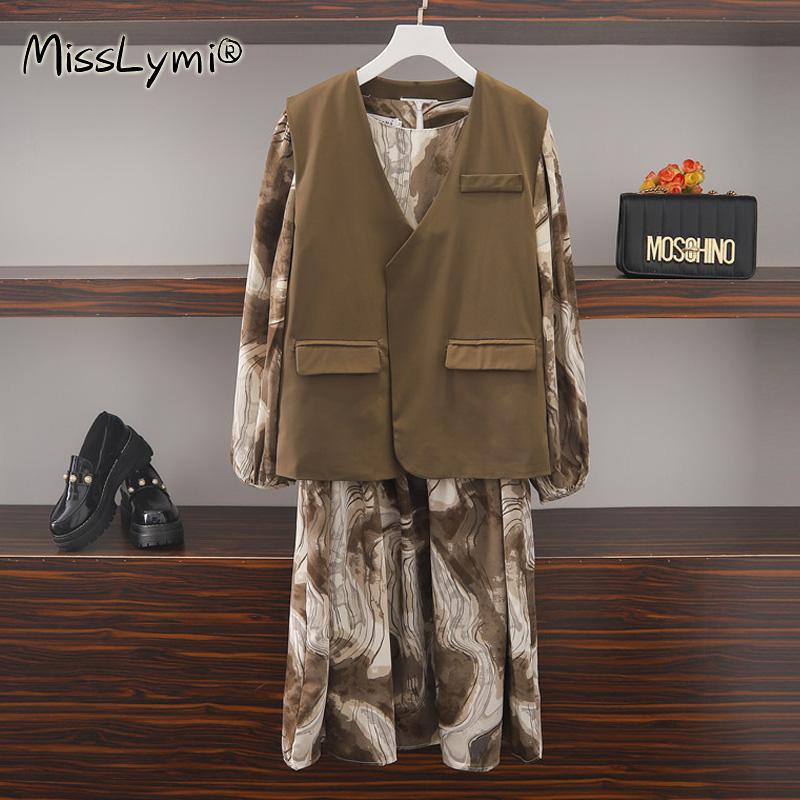 

4XL Plus Size Women Two Piece Dress Autumn 2020 Fashion Blazer Vest and Long Sleeve Loose Casual Korean Tie Dye Midi Dresses, Dark brown twinset