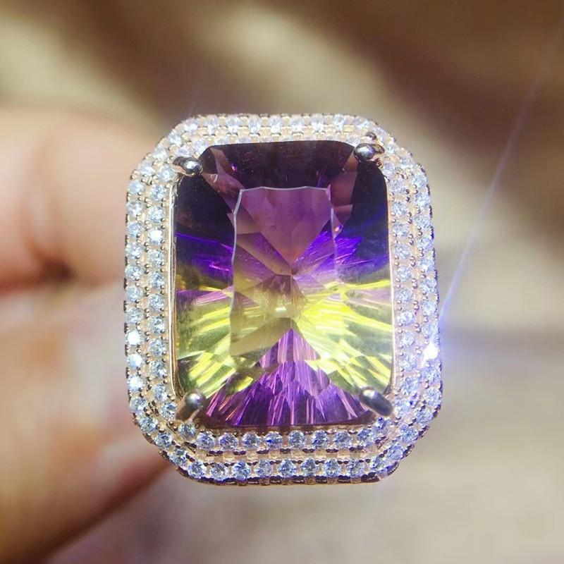 

Cluster Rings Per Jewelry Colorful Ametrine Rectangle Big Ring 12*16mm 13ct Gemstone 925 Sterling Silver Q2042910, Golden;silver