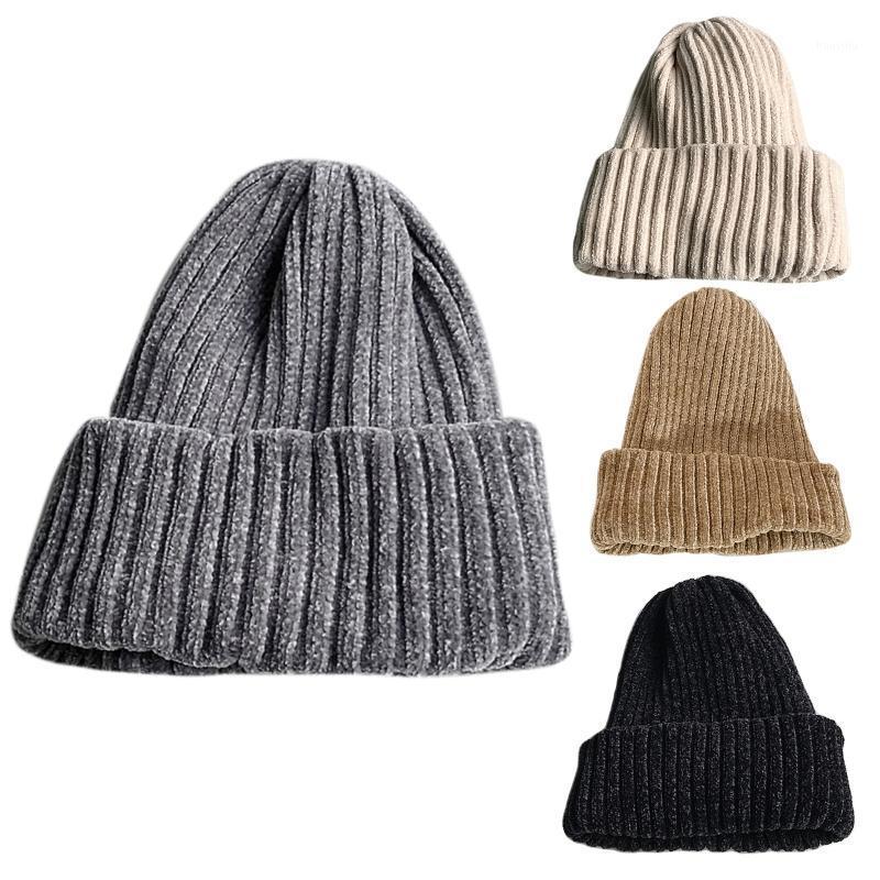 

Women Winter Ribbed Knitted Beanie Hat Double Layer Thicken Chenille Velvet Simple Solid Color Cuffed Skull Cap Outdoor Ear Warm1