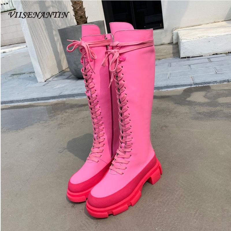 

Autumn Winter New Style Pink Platform Women Motorcycle Boots Thick-soled Waterproof Fashion Side Zipper Knee Length Goth Boots