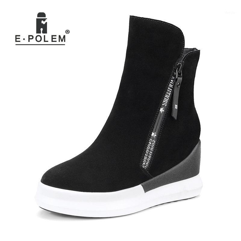 

2020 Autumn Winter Women's Boots New Round Head Leisure Puffs Flat Bottom Increased Leather Matte Zipper Boots Female Tide1, As pic