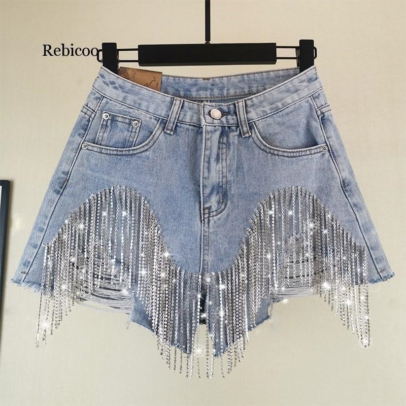 

Rebicoo Summer European Style High Quality Diamond Tassels Denim Shorts Woman Fashion High Waist Jeans Shorts Y200822, Blue