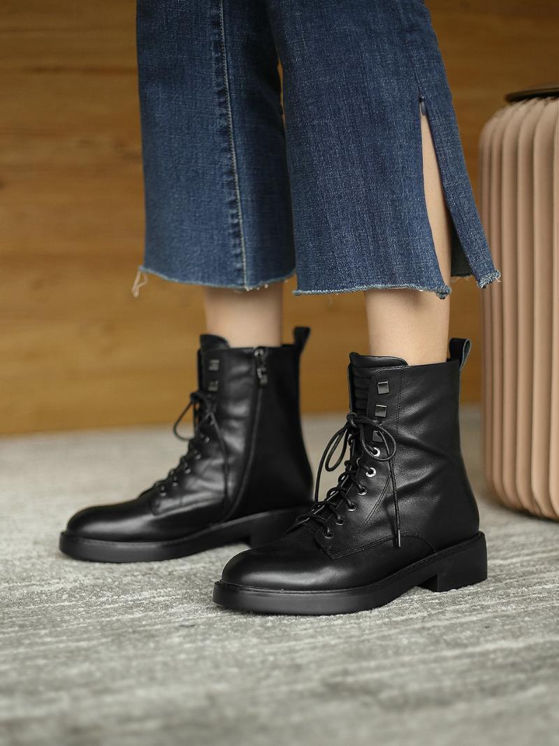 

EshtonShero Shoes Woman Leather Zipper Round Toe Med Heels Platform Lace Up Winter Motorcycle Boots Ladies Ankle Boots Size 3-9, Black