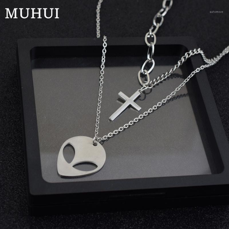 

Stainless Steel Alien Cross Pendant Double Chain Long Necklaces For Women DJ Hip hop Street Necklace Men Jewelry Never Fade1