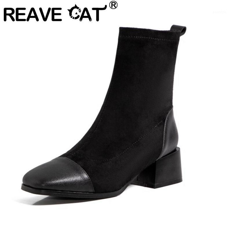 

REAVE CAT New 2021 Women Ankle Boots Square Toe Block Heels Nubuck Elegant Patchwork Simple Slip-On Big Size 43 Casual A33951, Black