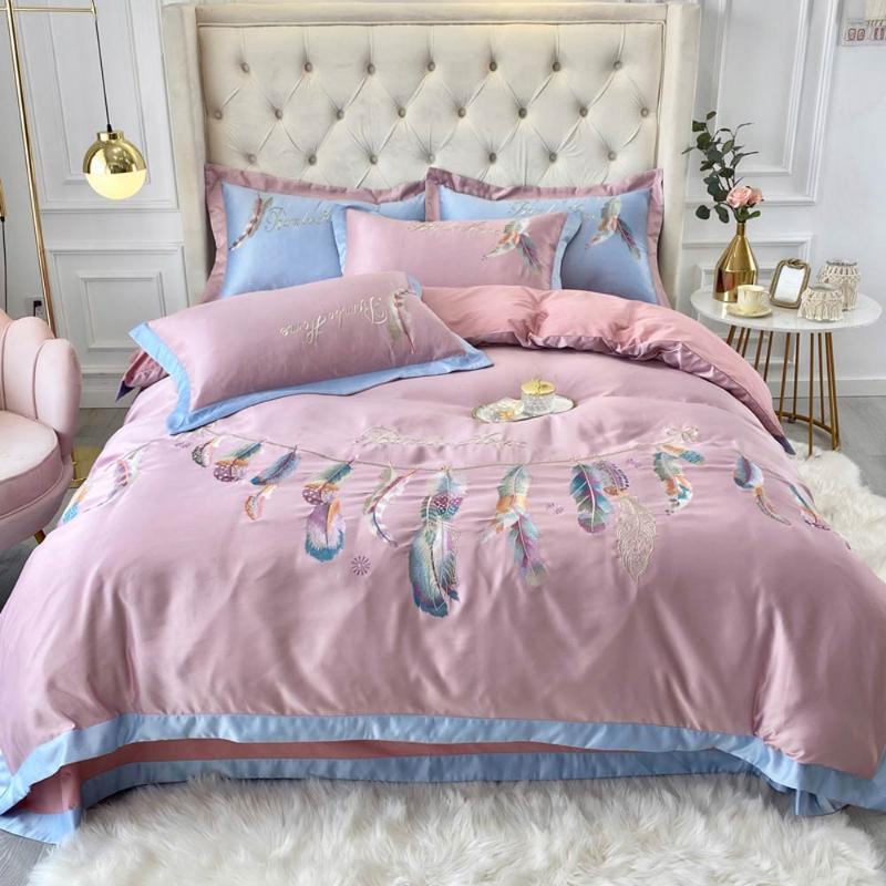 

Papa&Mima Feathers Embroidery Silk Cotton Bed Linens  King Size Bedding Set Sheet Pillowcase Duvet Cover, 20206037