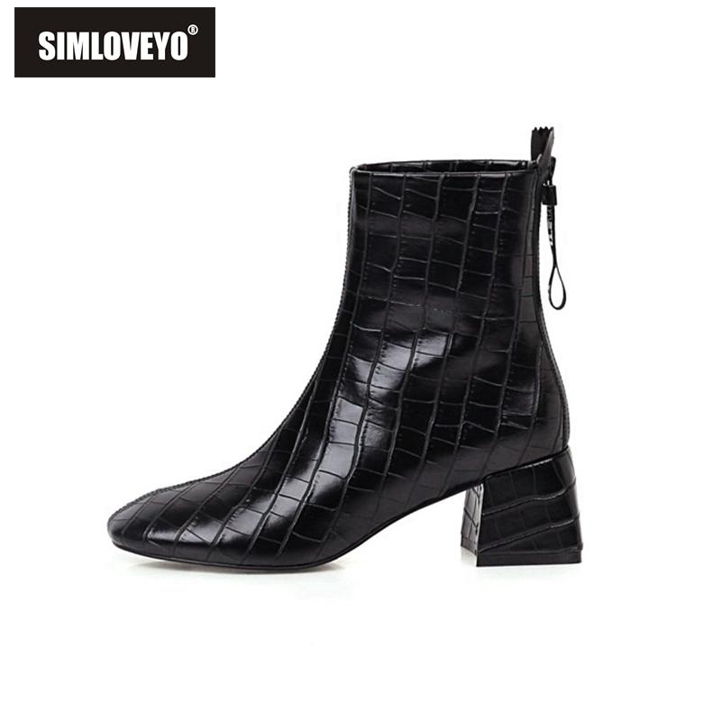 

SIMLOVEYO Autumn Winter Mid-Calf boots Square toe Chunky heels Zipper Stone pattern Solid Big size 33-43 Black White Daily B2088, White without fur