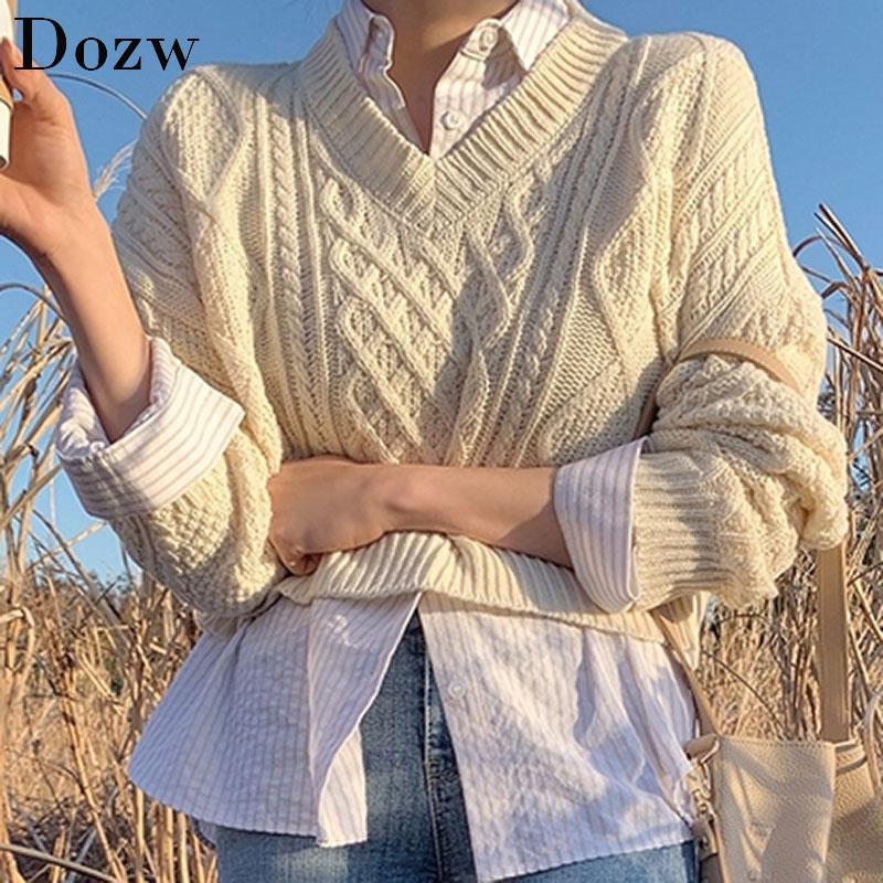 

Retro Twist Pullover Sweater Women V Neck Casual Lady Cropped Sweater Batwing Long Sleeve Loose Soft Knit Tops Jumper, Beige