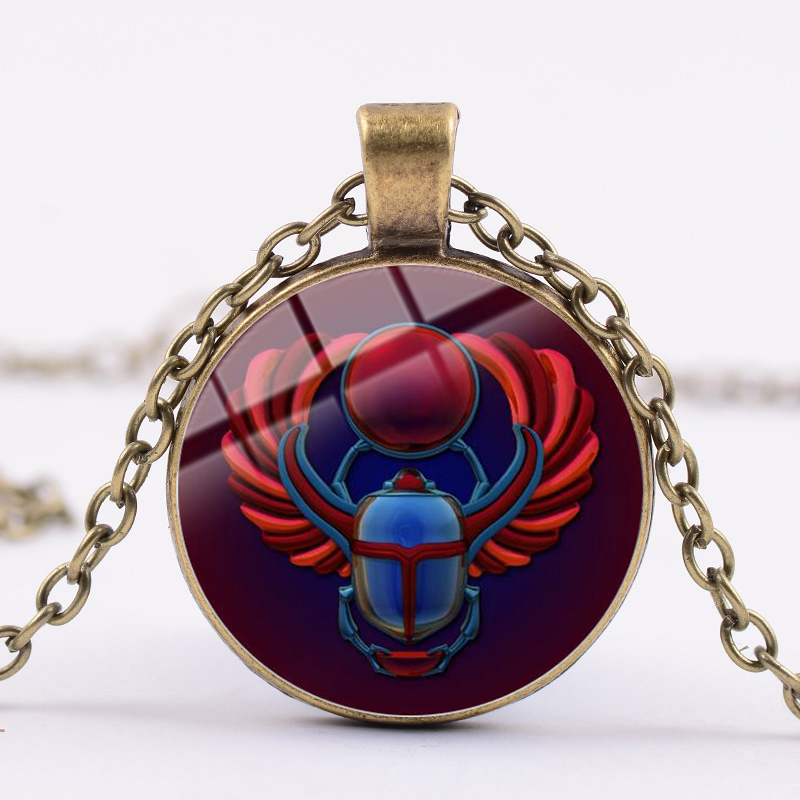 

Retro Egyptian Scarab Photo Chain Necklace Symbol of Strength Glass Cabochon Pendant Egypt Amulet Charm Statement Jewelry