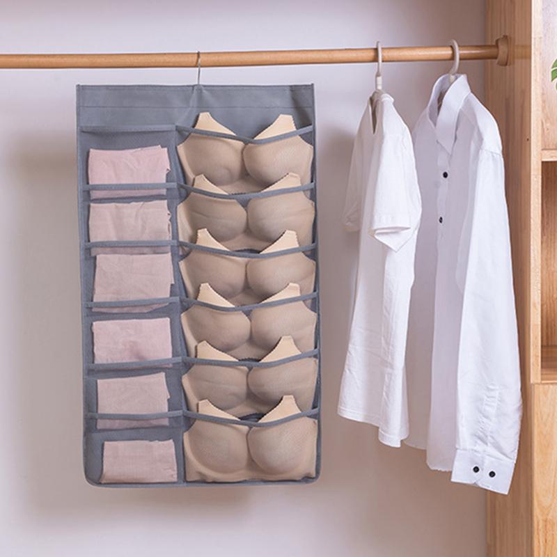 

Wall Hanging Storage Bag Wardrobe Organizer Double Side Underwear Bra Socks Sorting Bag Bedroom Hanging Storage Pouch Organiser, Gray c