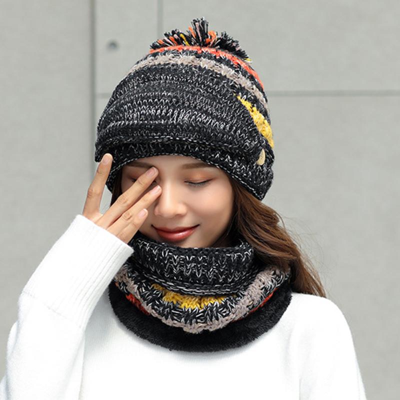 

Three-Piece Set Soft Warm Knit Beanie Scarf Face Cover Thickened Winter Ski Hat with Pompom for Women Girls THJ99, Gray